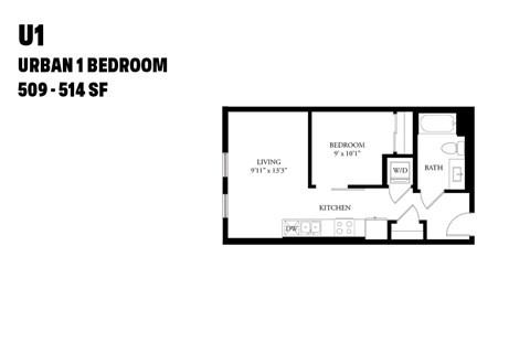 A floor plan of a 1 bedroom apartment.